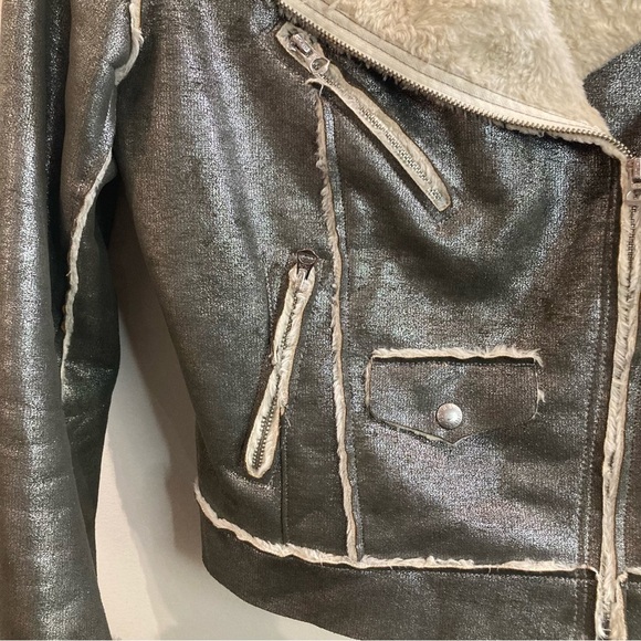 DENIM & SUPPLY Sz M Metallic Sherpa Lined Moto Style  Zipper Snap Closure Jacket - Picture 3 of 13